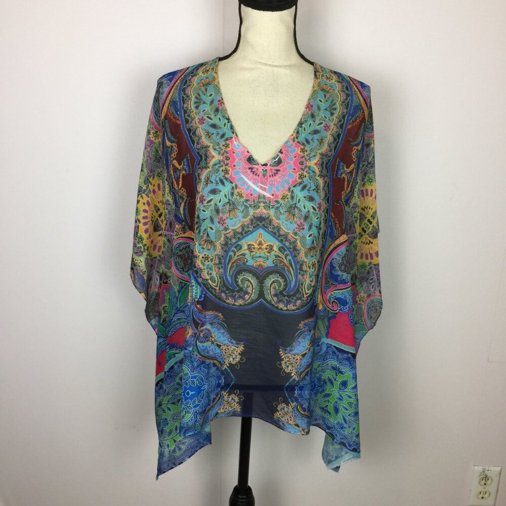MUSHKA Sienna Rose Poncho Top Blouse Size L Womans Paisley Print Cover Up V-Neck
